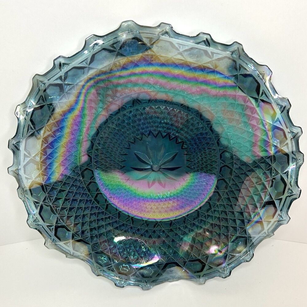Indiana Iridescent Blue Carnival Glass Plate Diamond Point Ruffled Edges Vtg 10”